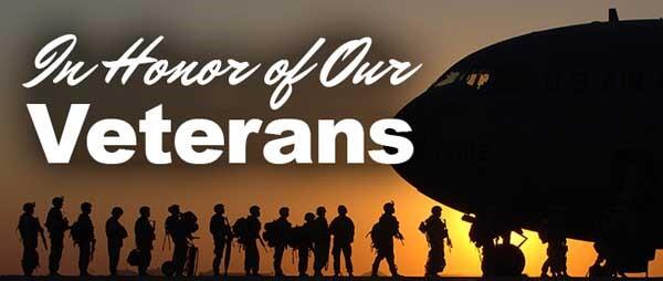 silhouette of military personnel and airplane on a runaway with text In honor of our veterans.